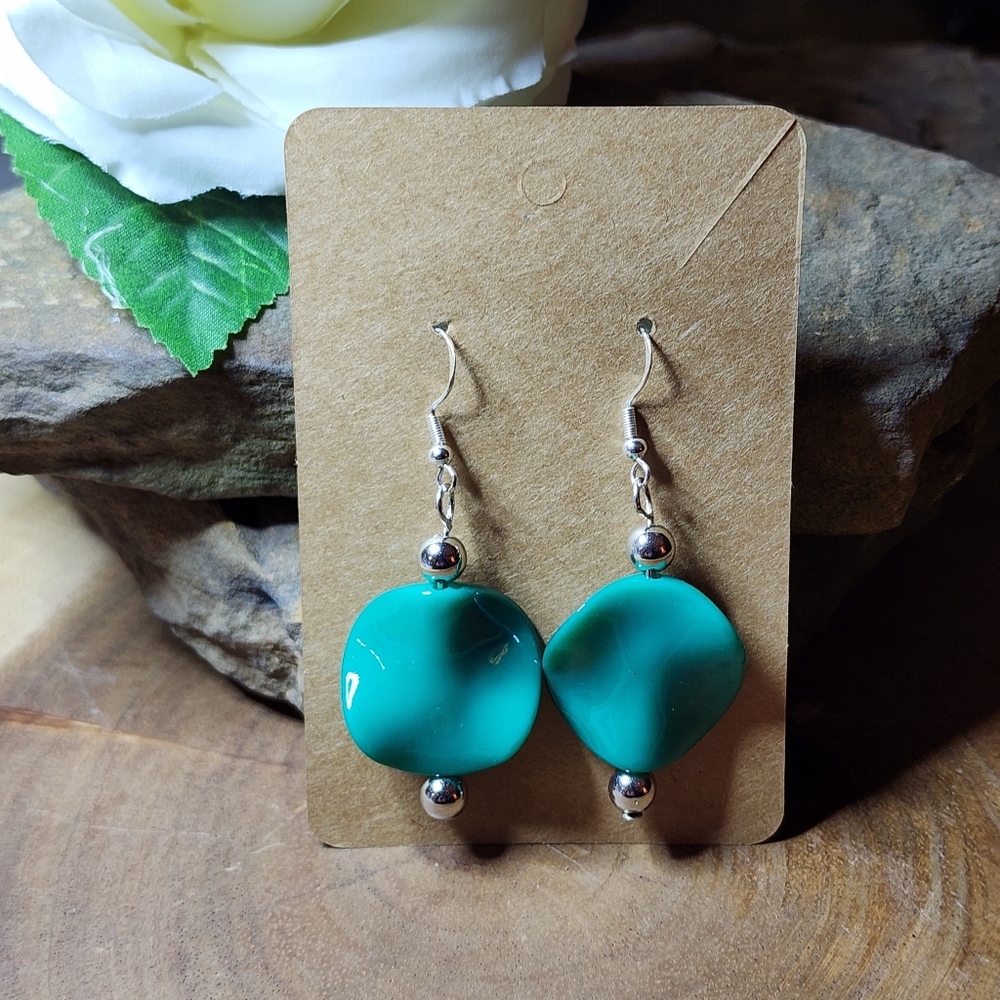 Hand Crafted Turquoise Teal Acrylic Dangle Earrings With Silver Toned Accents